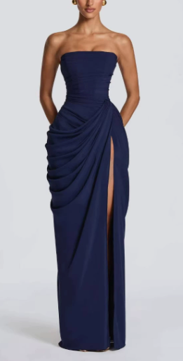 Chiffon Back Lace-up Asymmetrical Pleats Strapless Slit Maxi Dress