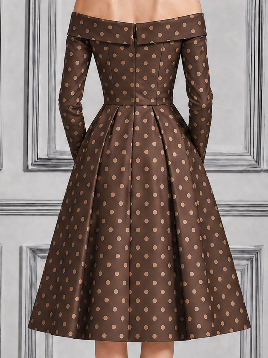Brown Polka Dot Dress Fall Wedding Guest Dress Off Shoulder A-Line Midi Dress