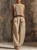 Casual Cargo Pockets Cotton-linen Wide-leg Pants