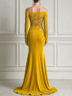 Golden Yellow Off Shoulder Embroidered Mermaid Satin Maxi Dress