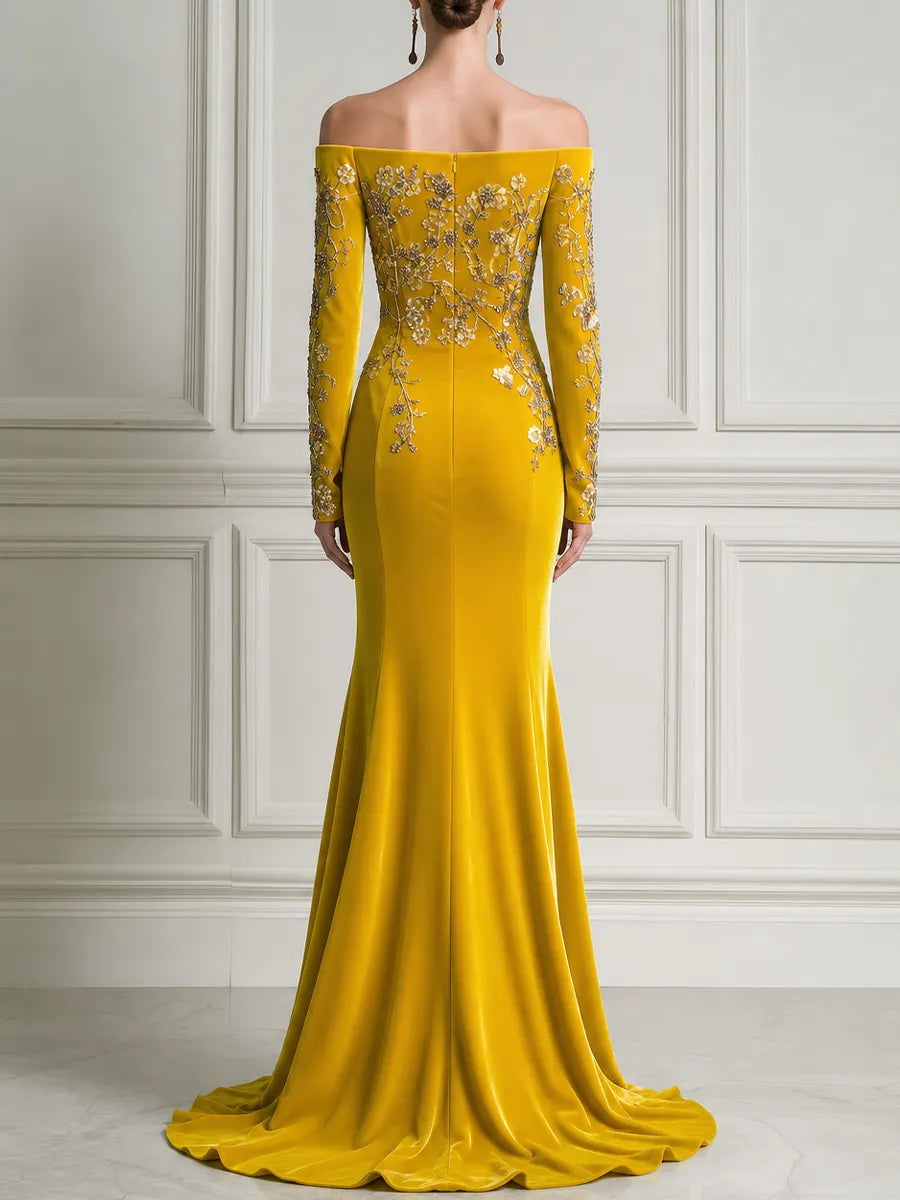 Golden Yellow Off Shoulder Embroidered Mermaid Satin Maxi Dress