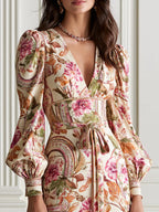 Puff Sleeve Floral Print Waist Tie Belt Midi Dress