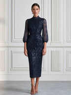 Sequin Lace Mock Neck Sheer Sleeves Midi Dress