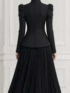 Black Stand Collar Puff Shoulder Tailored Jacket & Pleated Maxi Skirt Two-Piece Set