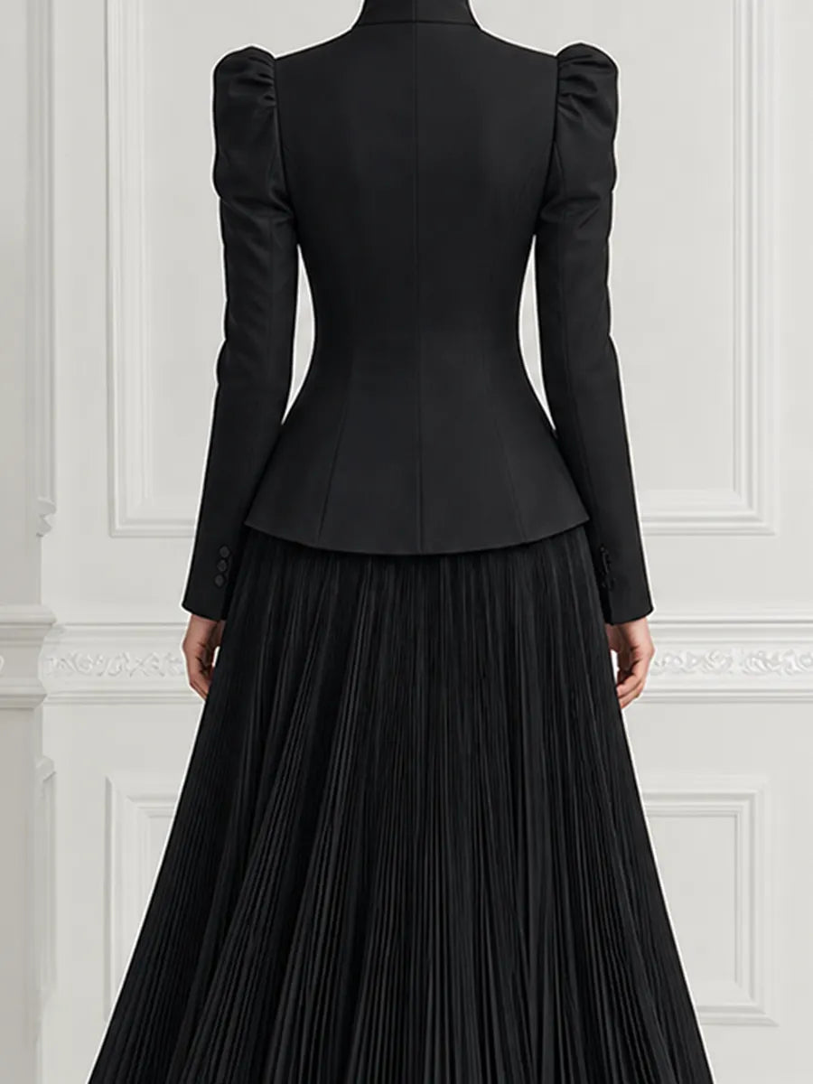 Black Stand Collar Puff Shoulder Tailored Jacket & Pleated Maxi Skirt Two-Piece Set
