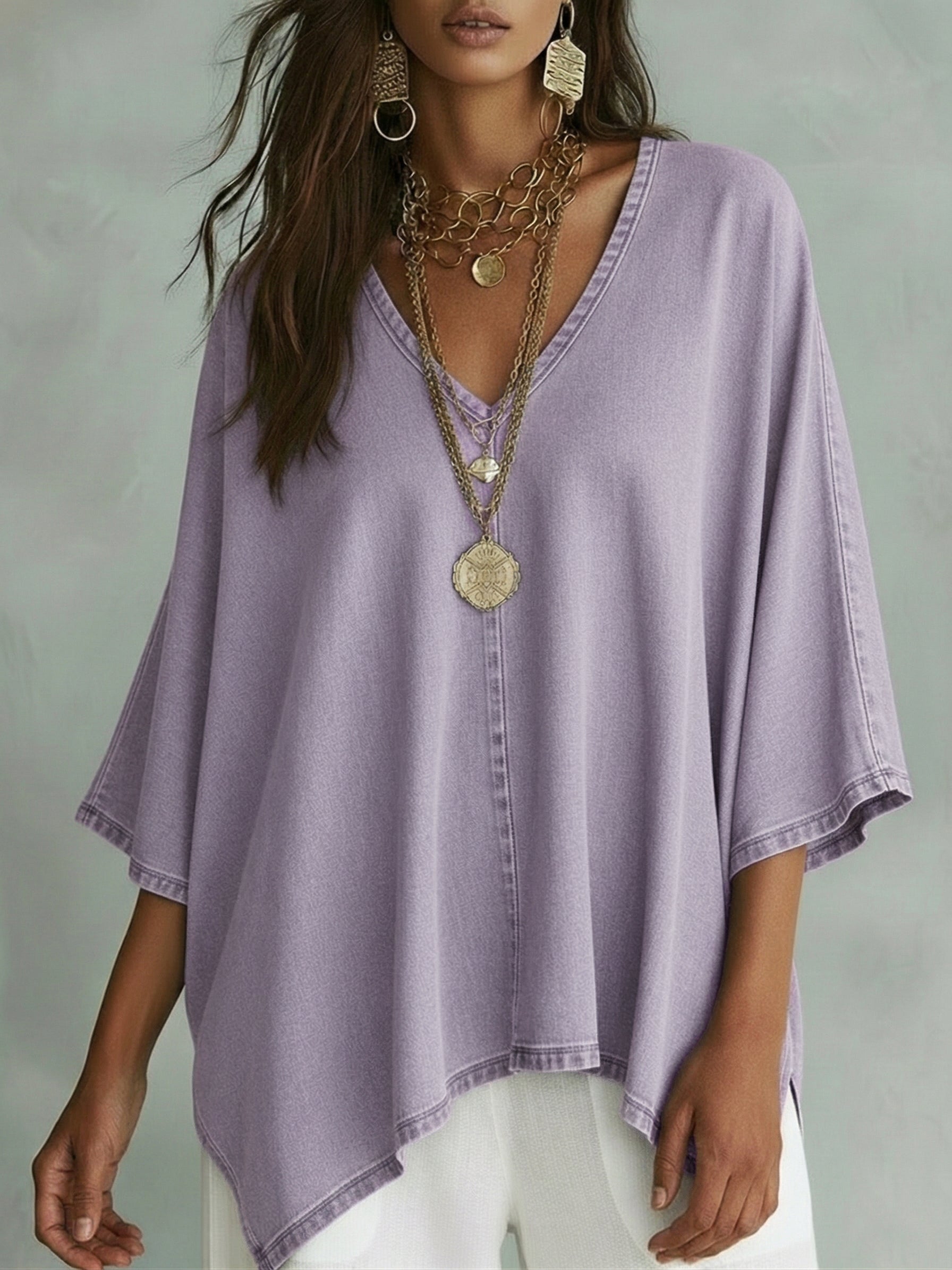 Cozy V-neck Loose-fitting Denim Shirt Top