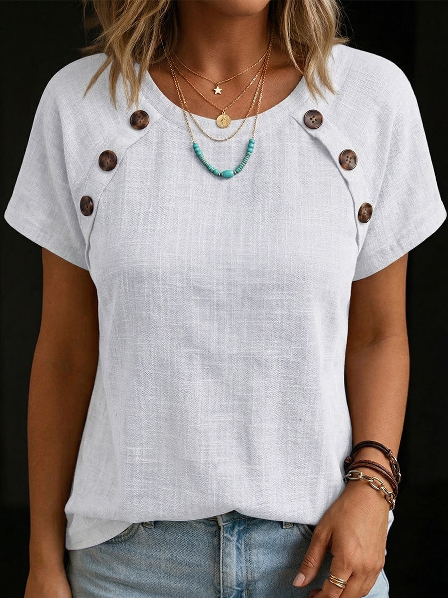 Women's Round Neck Button Splicing Cotton Linen Top