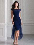 Sheer Boat Neck Ruched Tulle Overlay Train Midi Dress