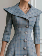 Plaid Portrait-Collar Button-Front A-Line Midi Dress