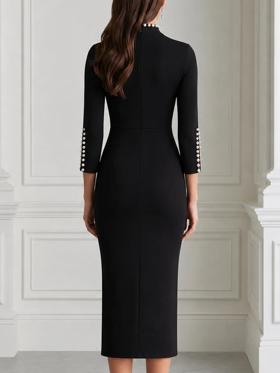 Pearl Trim High Neck Split Bodycon Midi Dress