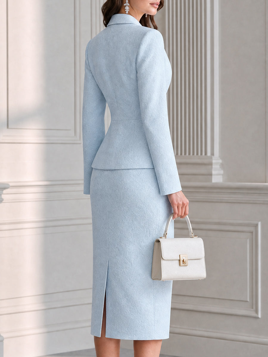 Elegant Jacquard Blazer & Pencil Skirt Two-Piece Suit Set