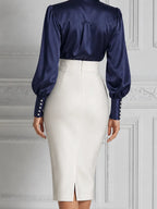 Navy Satin Shirt Blouse & Ivory High Waist Pencil Midi Skirt Two-Piece Set