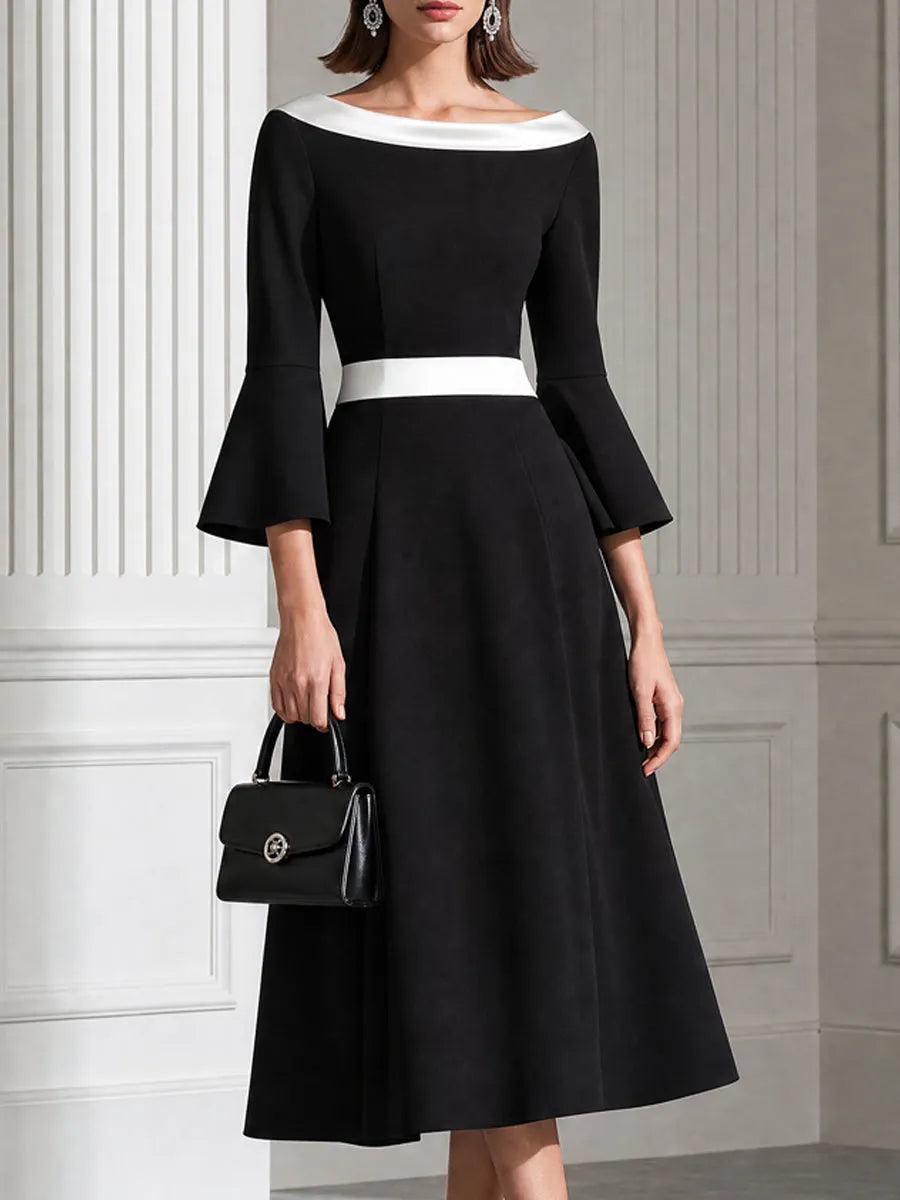 Color-Block Bateau Neck Bell Sleeve A-Line Midi Dress
