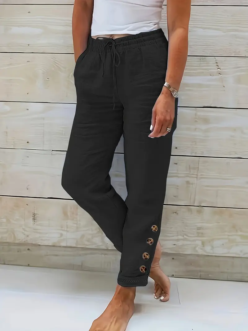 Solid Color Drawstring Waist Cotton Pants