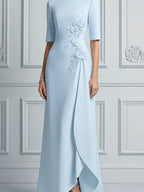 Blue Dress Fall Wedding Guest Dress Floral Appliqué Overlap Maxi Dress