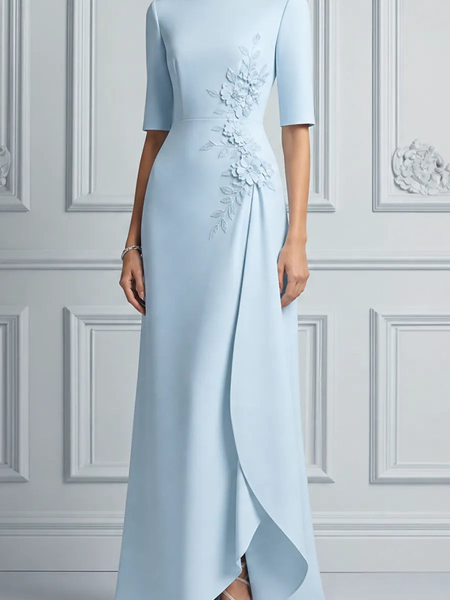 Blue Dress Fall Wedding Guest Dress Floral Appliqué Overlap Maxi Dress
