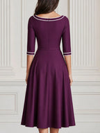 White Piping Boat Neck A-Line Satin Midi Dress
