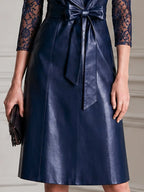 Faux Leather 3/4 Lace Sleeves Wrap Midi Dress