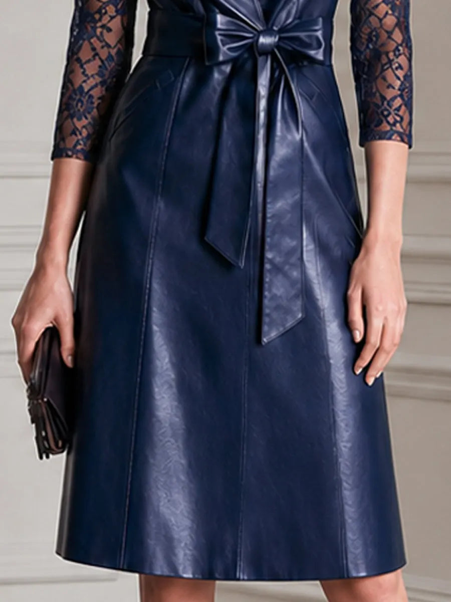 Faux Leather 3/4 Lace Sleeves Wrap Midi Dress