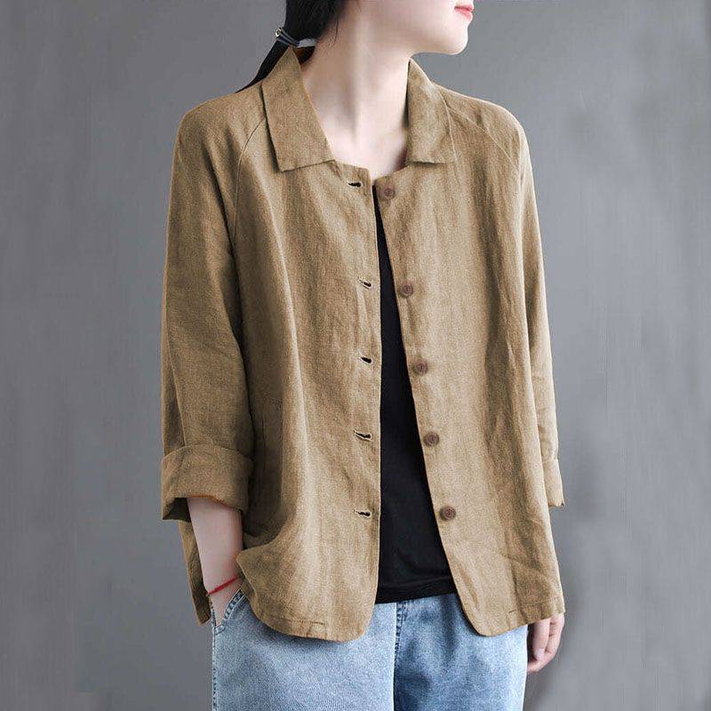 Vintage Button Cotton Linen Solid Comfy Blouse