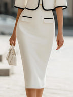 Contrast Trim Cropped Jacket & Pencil Skirt Two-Piece Set