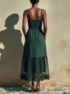 Women's Solid-color Casual Loose Cotton-linen Patchwork Strappy Dress