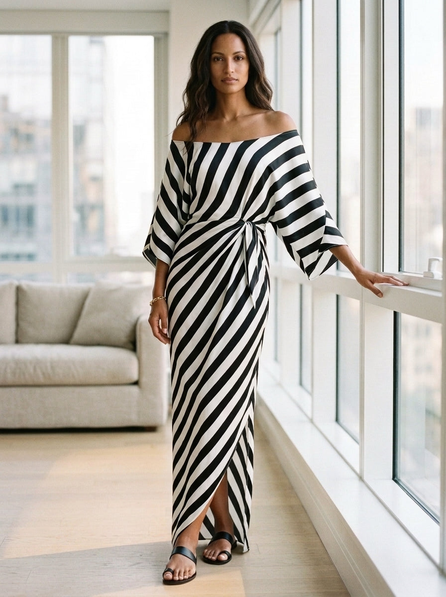 Statement Monochrome Stripe Asymmetric Maxi Dress