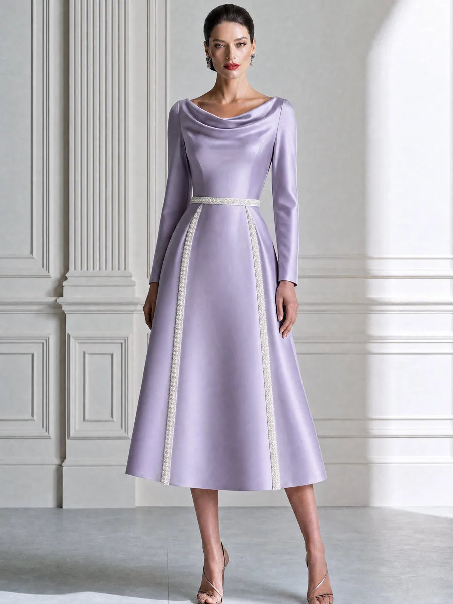 Cowl Neck Satin Pearl Trim A-Line Midi Dress
