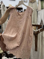 Women's  Vintage Lace Sleeveless Cotton and Linen Vest Top