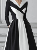Black White Dress Fall Wedding Guest Dress Contrast Wrap A-Line Midi Dress