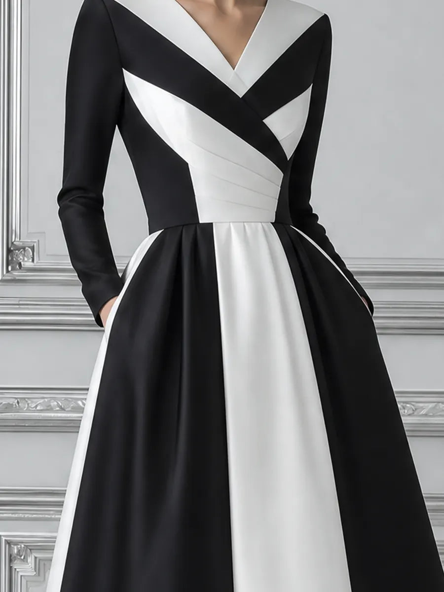 Black White Dress Fall Wedding Guest Dress Contrast Wrap A-Line Midi Dress