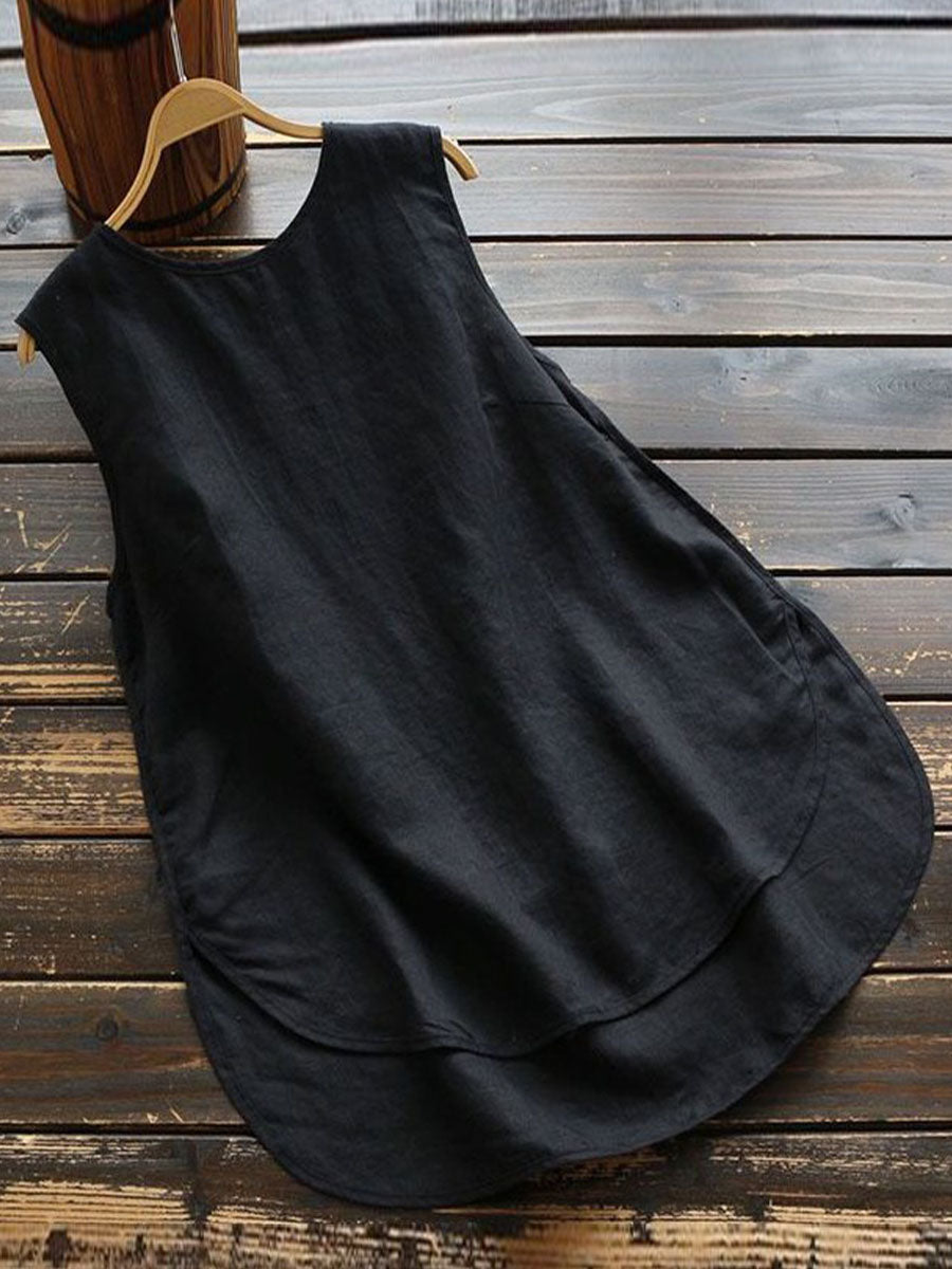 Women's Solid Color Round Neck Sleeveless Loose Linen Top