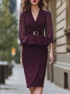 Belted Peplum Wrap Blouse & Asymmetric Pencil Skirt Set