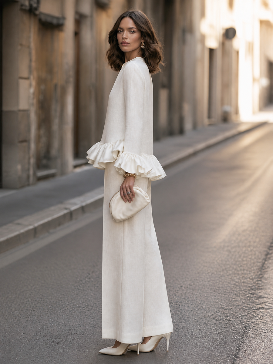 Ruffle-Hem Long-Sleeve Top And Wide-Leg Pants Set