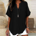 Solid Color V-neck Short Sleeve Linen Blend Blouses