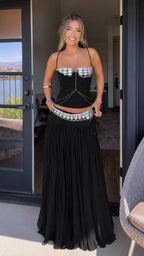 Boho Crystal Embellished Cami Crop Top & Pleated Maxi Skirt Set - Elegant Evening Wear