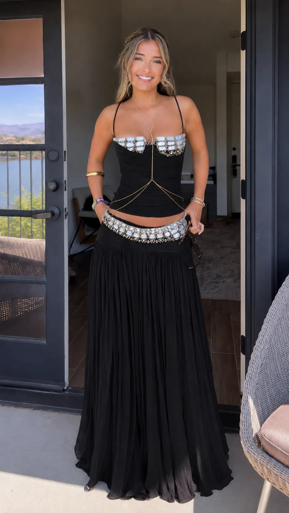 Boho Crystal Embellished Cami Crop Top & Pleated Maxi Skirt Set - Elegant Evening Wear
