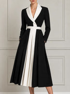 Black White Contrast Lapel Belted Pleated A-Line Blazer Midi Dress