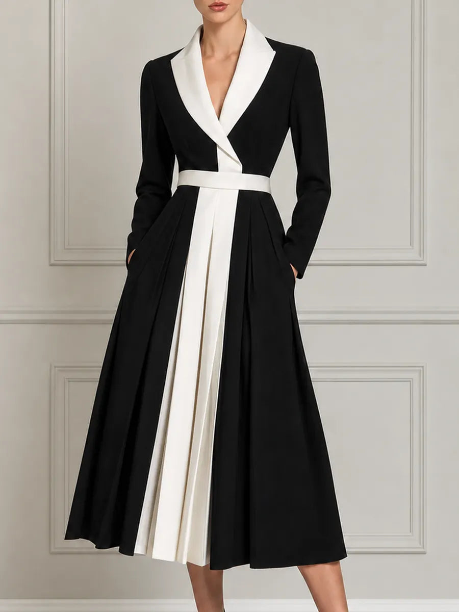 Black White Contrast Lapel Belted Pleated A-Line Blazer Midi Dress