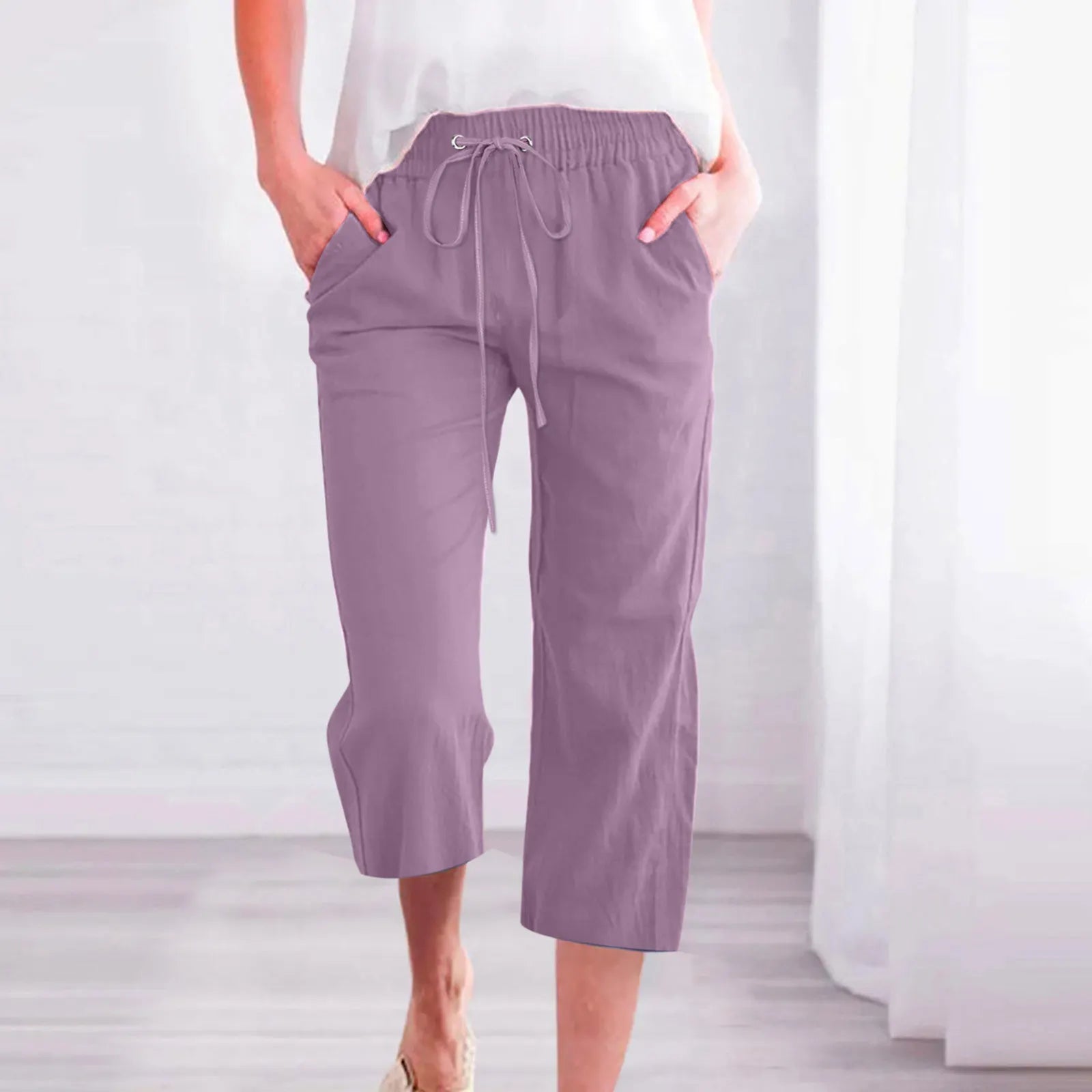Women's Casual Summer Linen Pants High Waisted Loose Yoga Sweatpants Crop Pants with Pockets