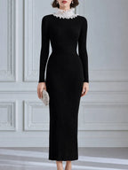 Ruffled High-Neck Ribbed Knit Maxi Dress
