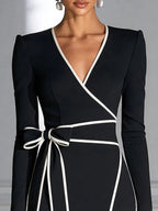 Contrast Trim Wrap Bow Belt Formal Midi Dress