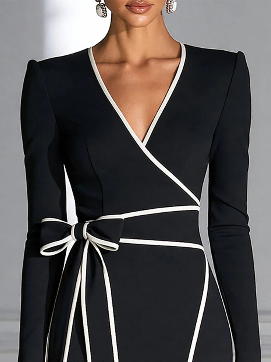 Contrast Trim Wrap Bow Belt Formal Midi Dress