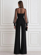 Elegant Mesh Sheer Long Sleeve High Neck Wide Leg Jumpsuit