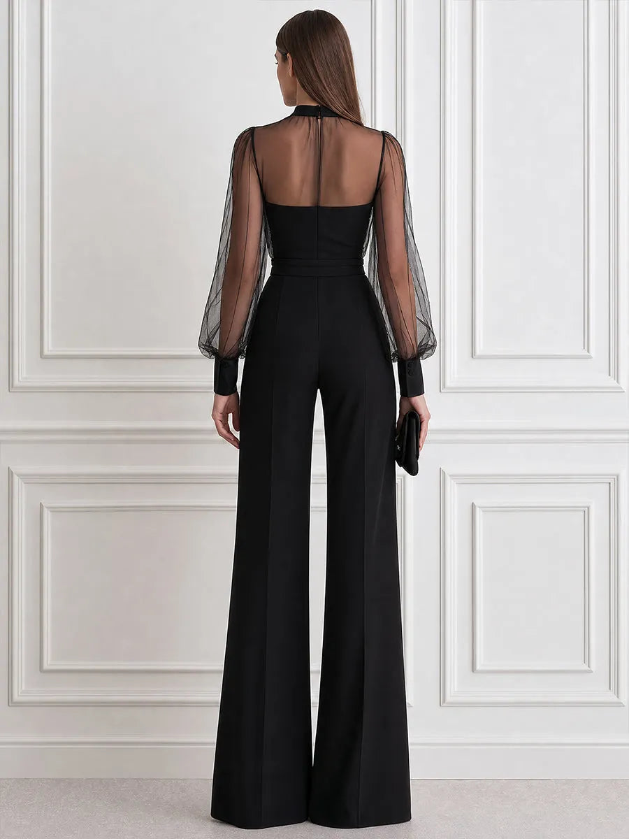 Elegant Mesh Sheer Long Sleeve High Neck Wide Leg Jumpsuit
