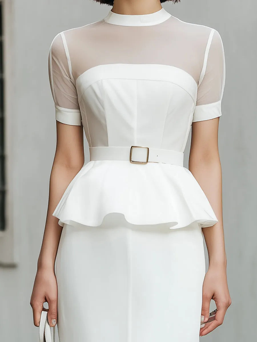 Sheer Mesh Peplum Top And Pencil Skirt Set