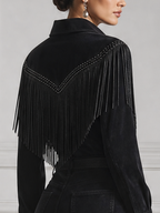Black Studded Fringe Button Front Blouse