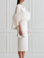 Elegant White Feather Trim Cape Sleeve Bodycon Midi Dress
