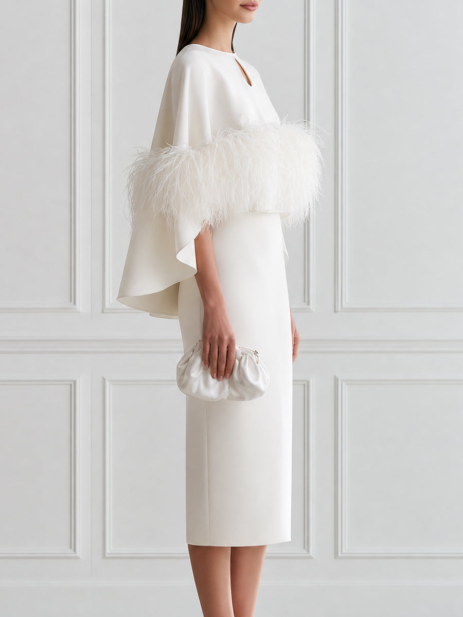 Elegant White Feather Trim Cape Sleeve Bodycon Midi Dress