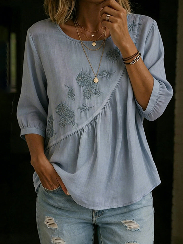 Women's Vintage Floral Embroidery Irregular Pleated Design Linen T-shirt